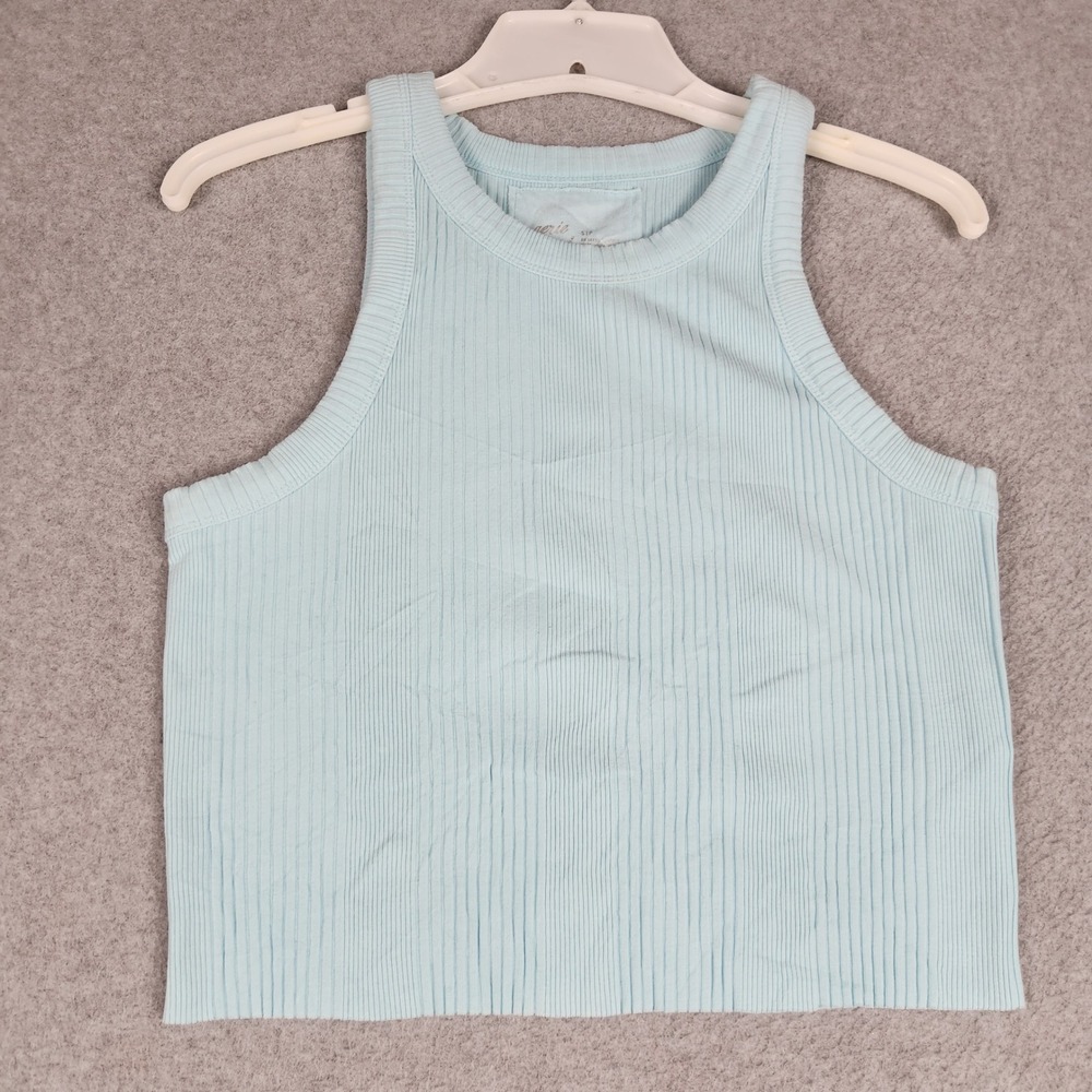 Aerie Cropped Top Womens Small Blue Ribbed Cotton Stretch Round Neck Casual